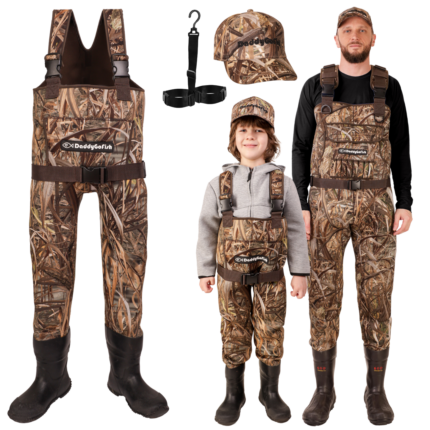 Neoprene Chest Waders for Kids and Adults, BootFoot, Fishing & Hunting with a Camouflage Caps, and a Wader Hanger