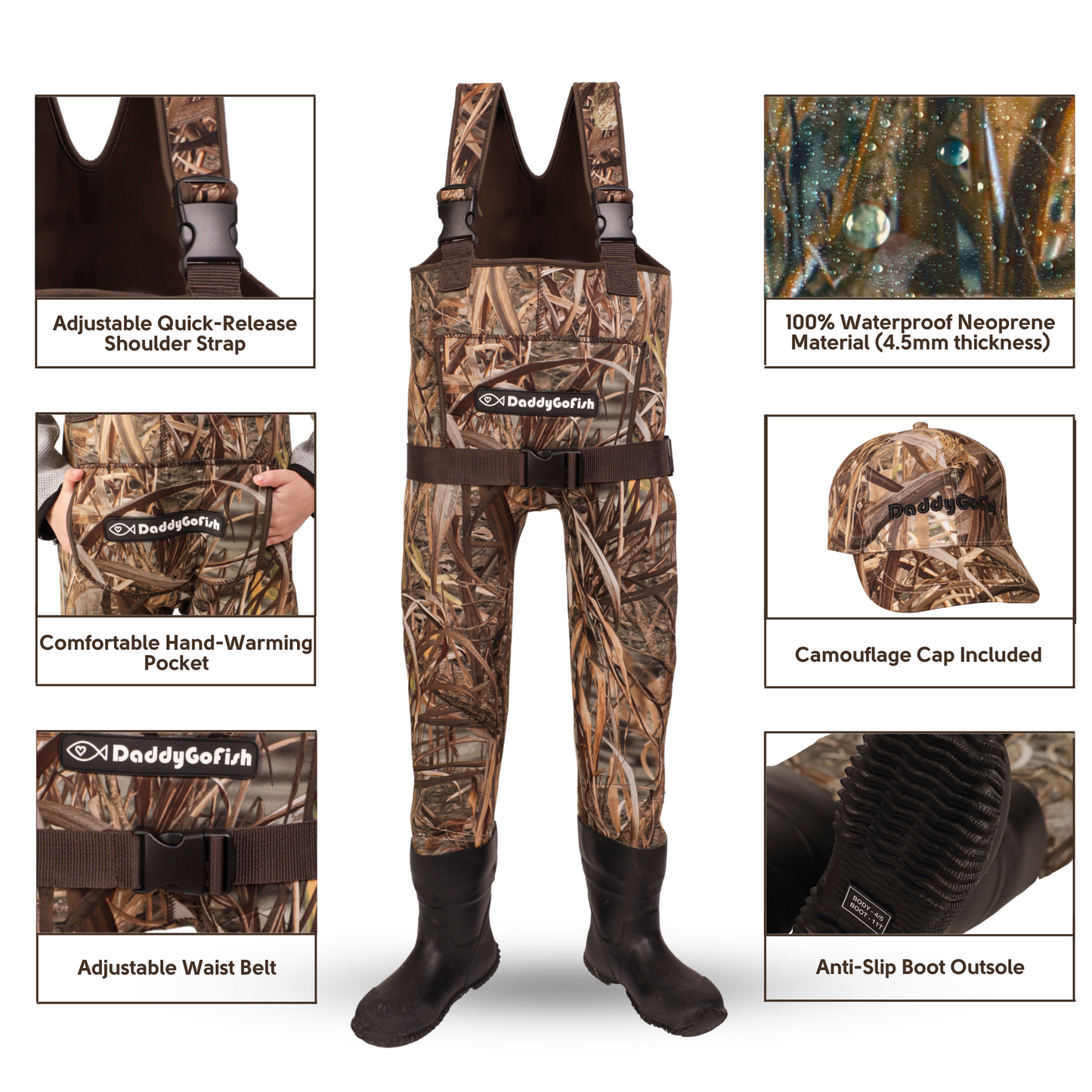 Neoprene Chest Waders for Kids and Adults, BootFoot, Fishing & Hunting with a Camouflage Caps, and a Wader Hanger